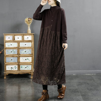 Autumn Solid Floral Hollow Lace Patchwork Dress Oct 2022 New Arrival One Size Brown 