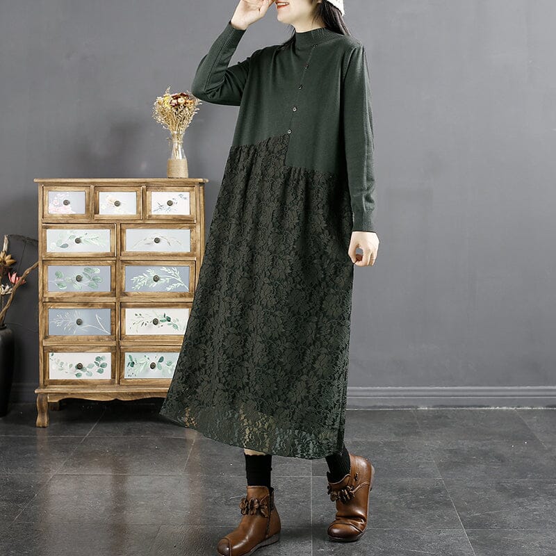 Autumn Solid Floral Hollow Lace Patchwork Dress Oct 2022 New Arrival One Size Green 