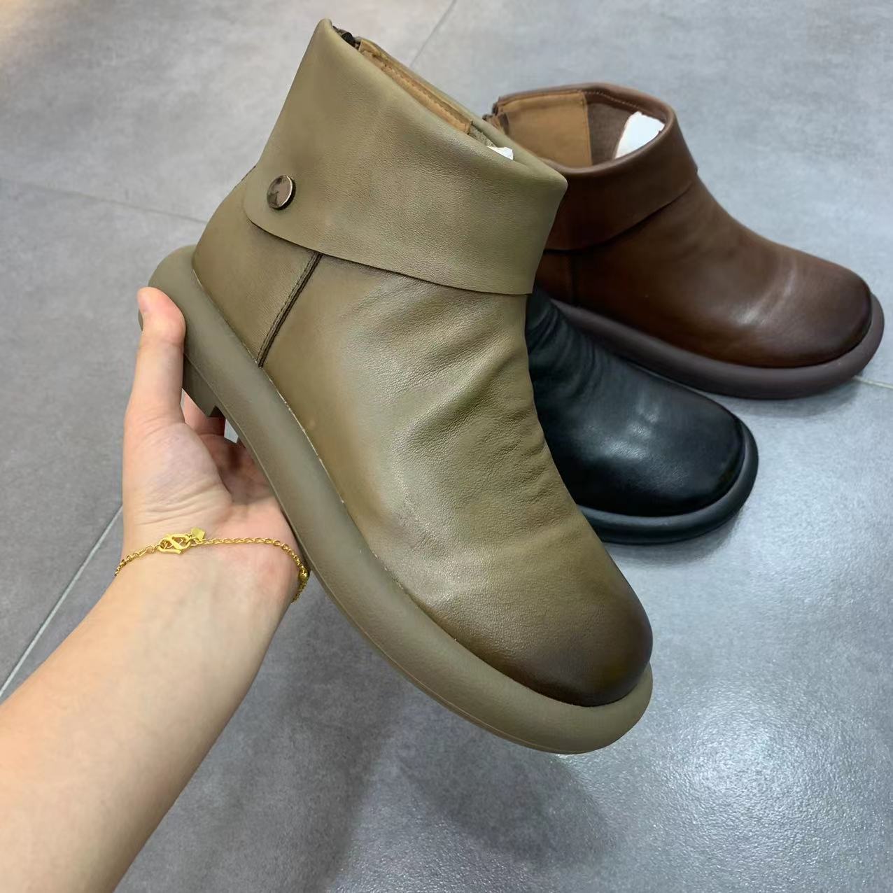 Autumn Solid Leather Retro Casual Flat Boots