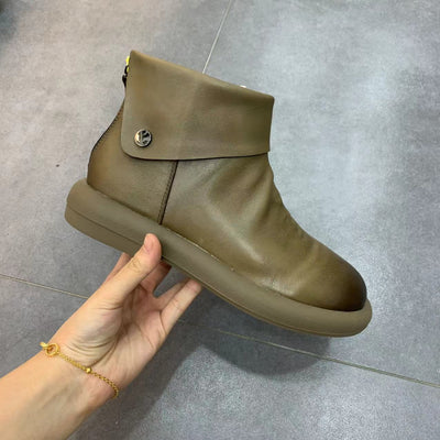 Autumn Solid Leather Retro Casual Flat Boots