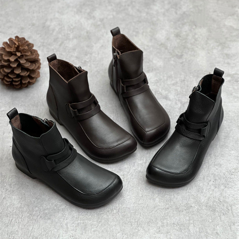 Autumn Solid Leather Retro Handmade Flat Boots Aug 2022 New Arrival 