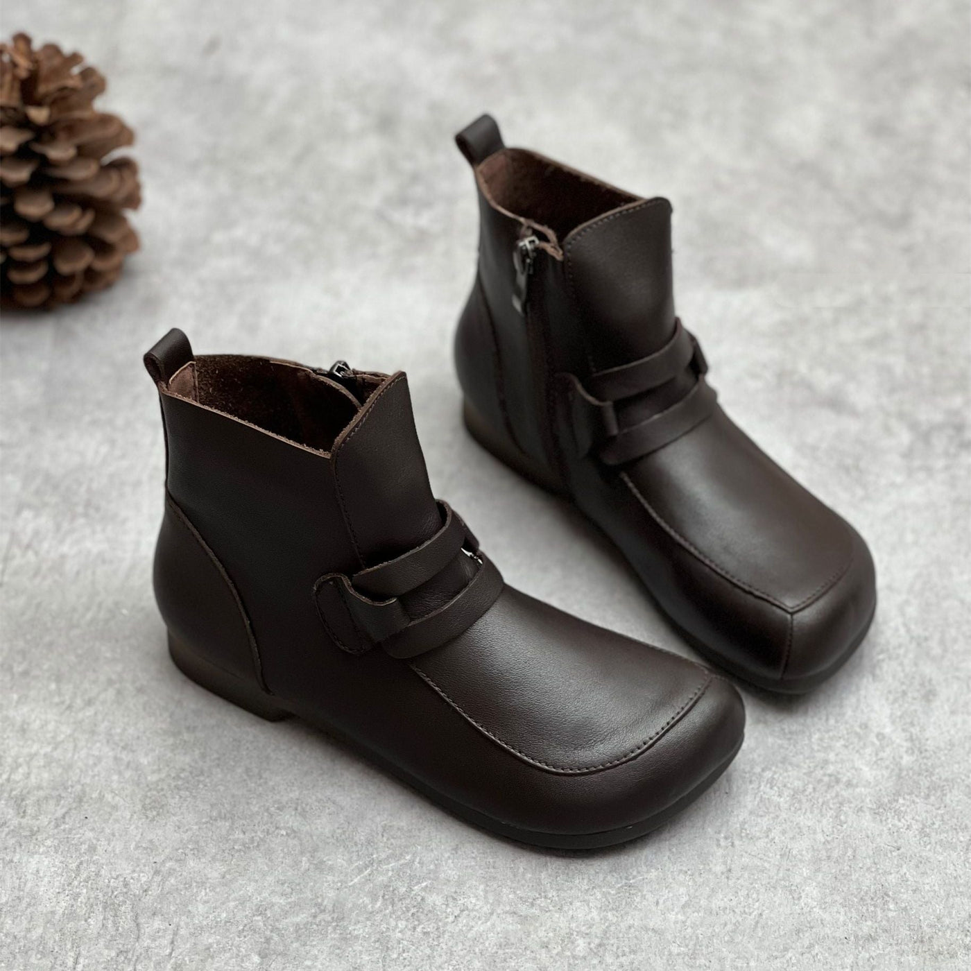 Autumn Solid Leather Retro Handmade Flat Boots
