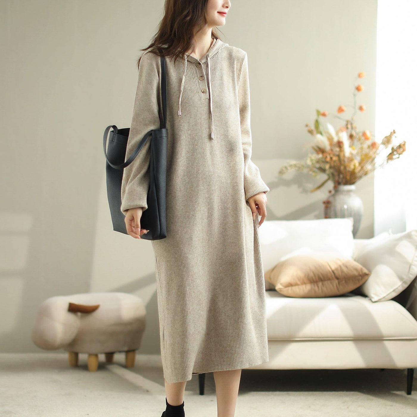 Autumn Solid Minimalist Hooded Knitted Dress