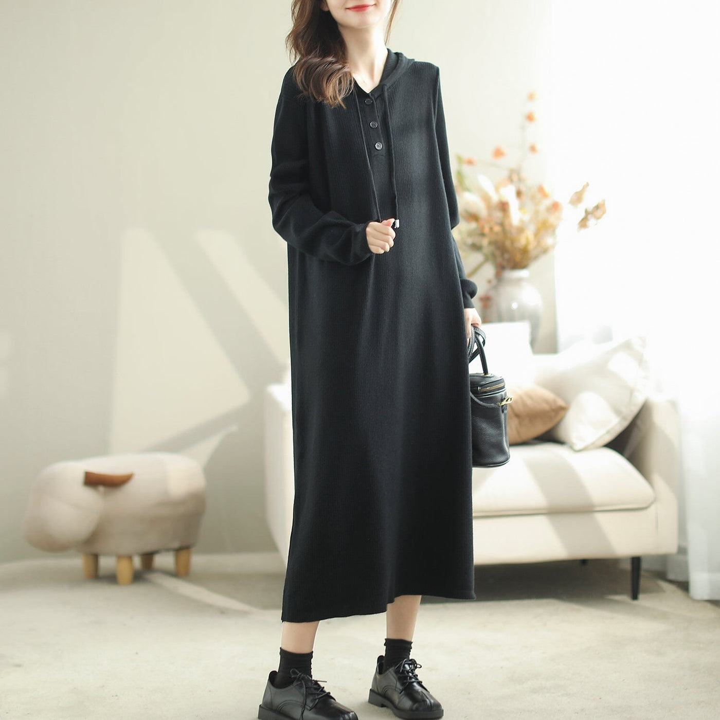 Autumn Solid Minimalist Hooded Knitted Dress
