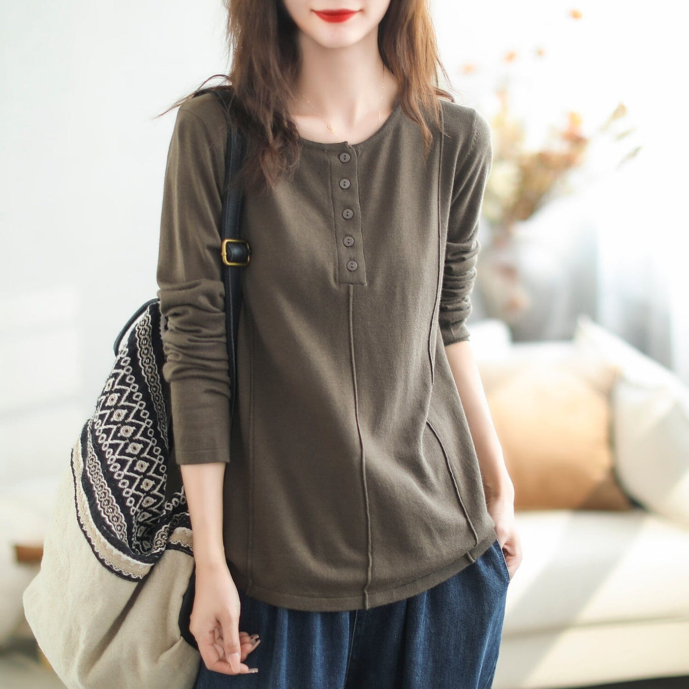 Autumn Solid Patchwork Casual Knitted Shirt Sep 2023 New Arrival One Size Dark Green 