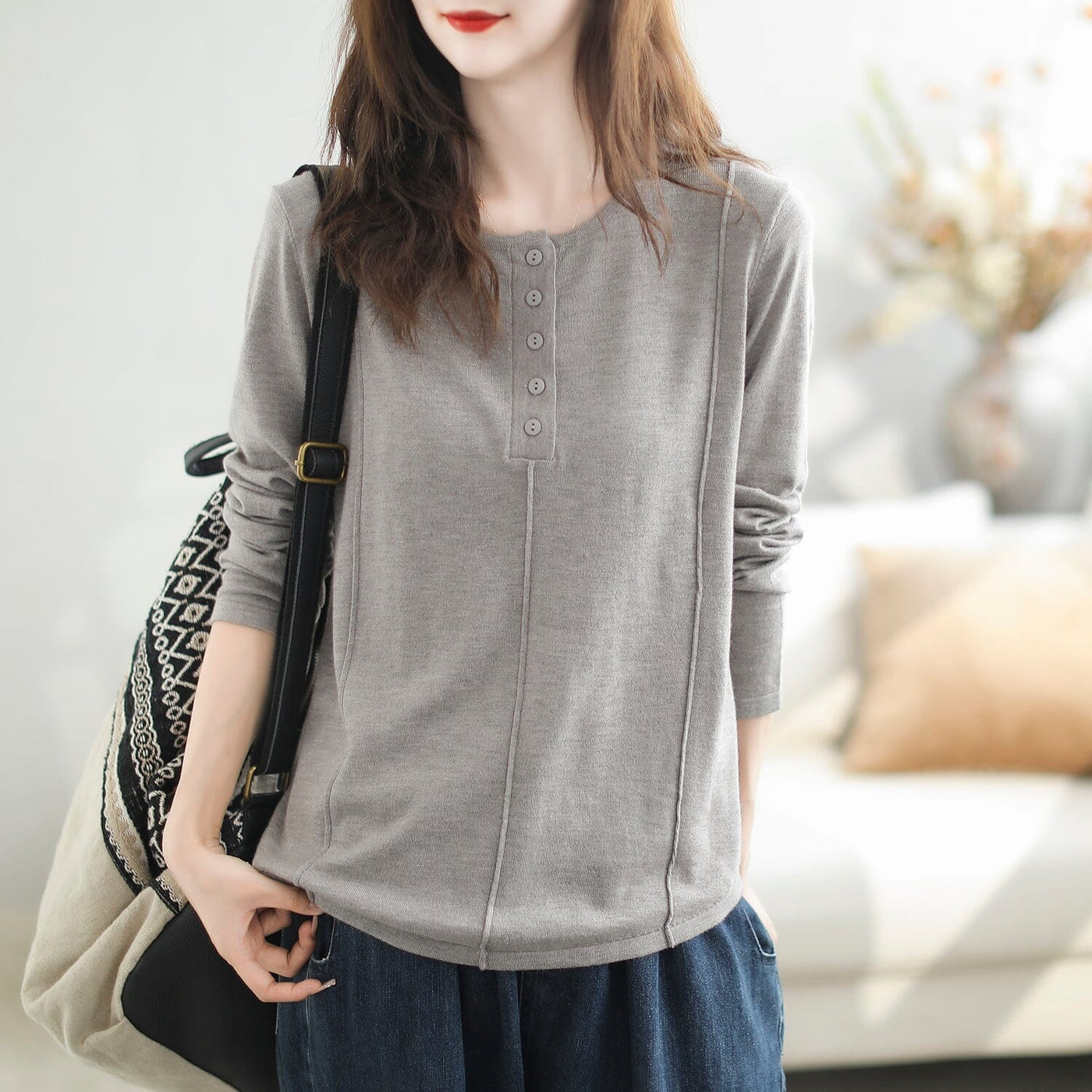 Autumn Solid Patchwork Casual Knitted Shirt Sep 2023 New Arrival One Size Light Gray 