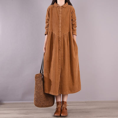 Autumn Solid Retro Corduroy Loose Dress September 2021 new-arrival Brown 