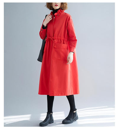 Autumn Stand-up Collar Drawstring Waist Windbreaker September 2020 new arrival S RED 