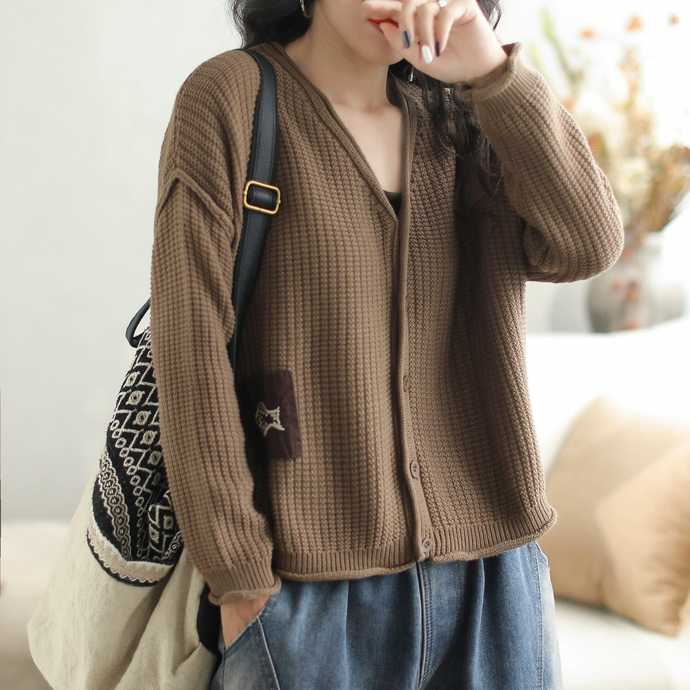 Autumn Stylish Casual Knitted Patchwork Cardigan Sep 2023 New Arrival One Size Coffee 