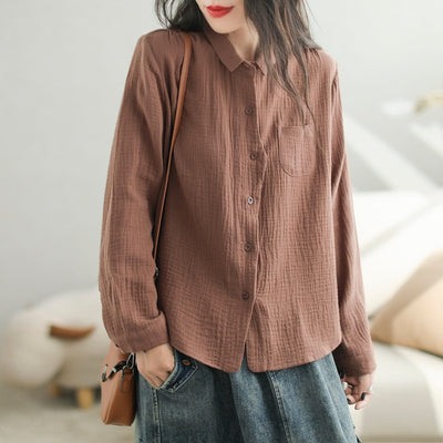 Autumn Stylish Minimalist Casual Cotton Blouse Aug 2023 New Arrival One Size Dark Red 