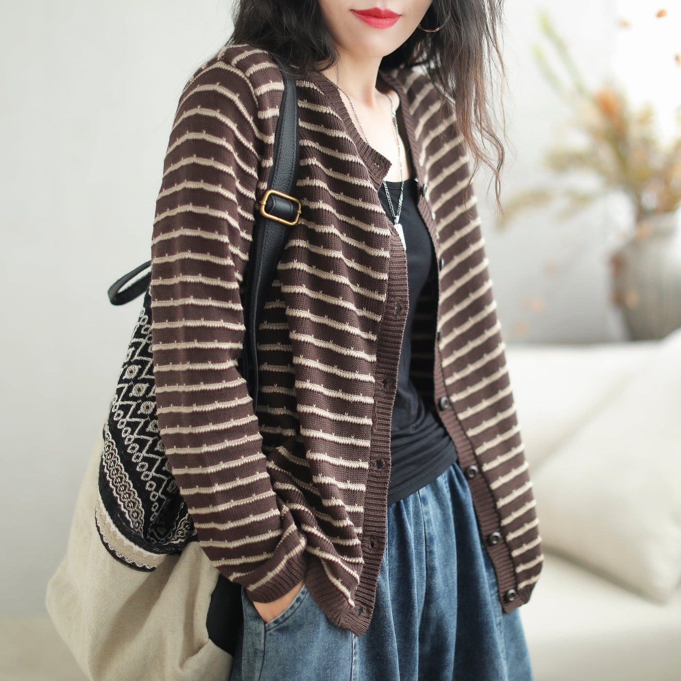 Autumn Stylish Stripe Cotton Knitted Cardigan Aug 2023 New Arrival 