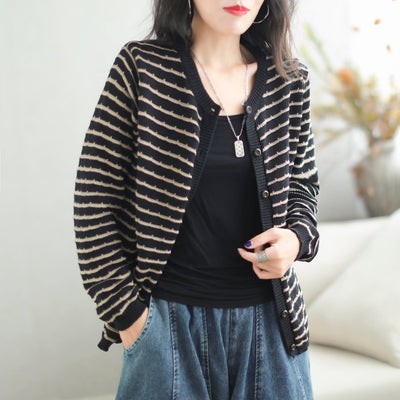 Autumn Stylish Stripe Cotton Knitted Cardigan Aug 2023 New Arrival One Size Black 