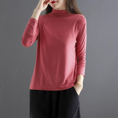 Autumn Turtleneck Cotton Elastic Long Sleeve T-Shirt Aug 2021 New-Arrival Rose Red 