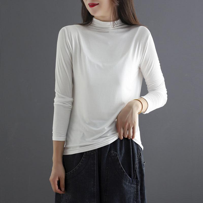 Autumn Turtleneck Cotton Elastic Long Sleeve T-Shirt Aug 2021 New-Arrival White 
