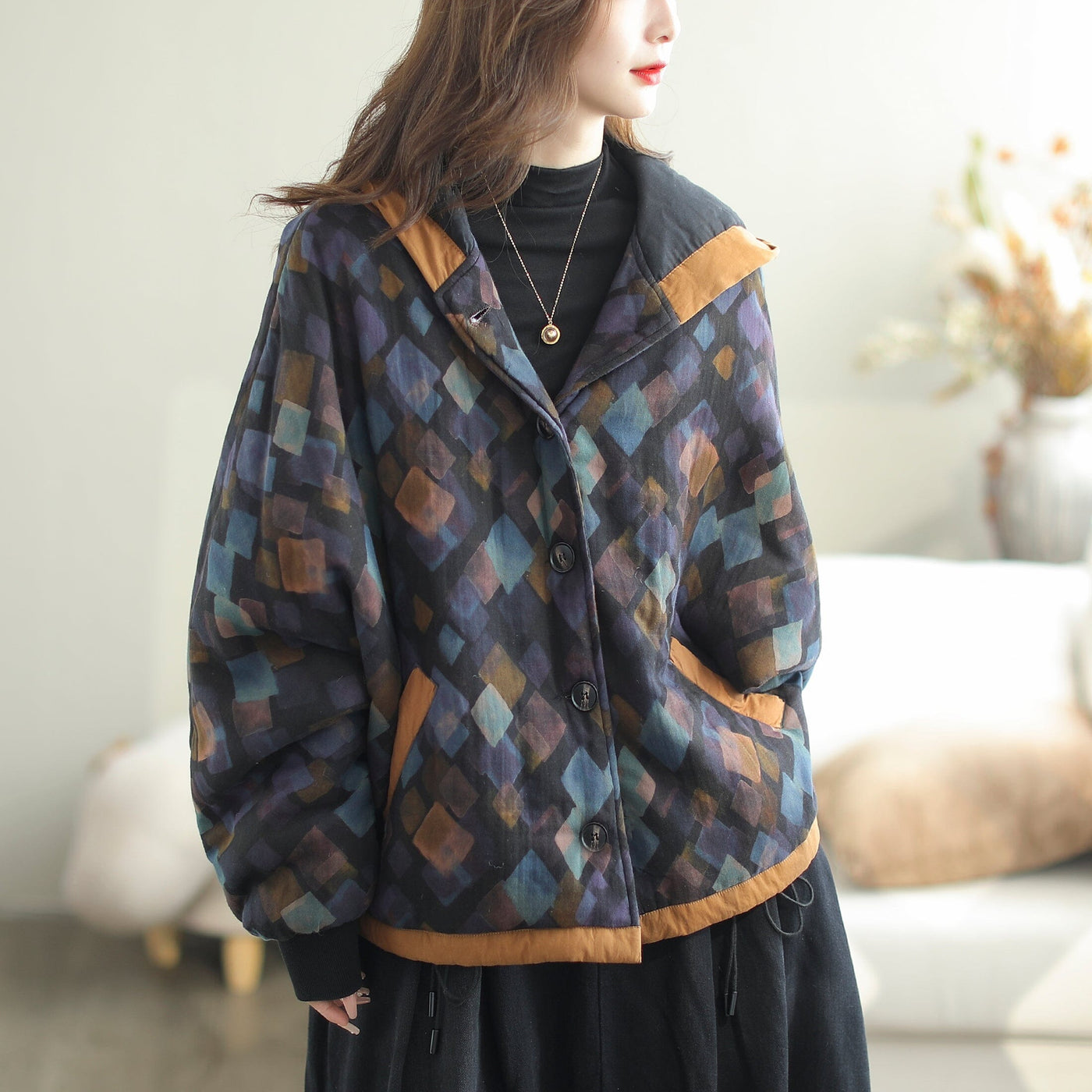 Autumn Winter Fashion Print Cotton Quilted Hooded Coat