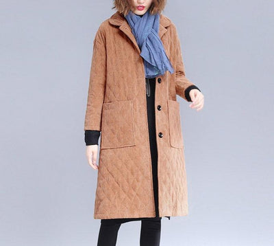 Women Mid- Length Autumn Winter Solid Corduroy Quilted Coat