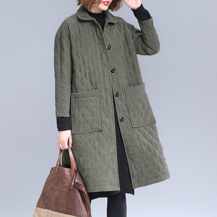 Autumn Winter Fashion Retro Solid Corduroy Quilted Coat Dec 2021 New Arrival M Green 