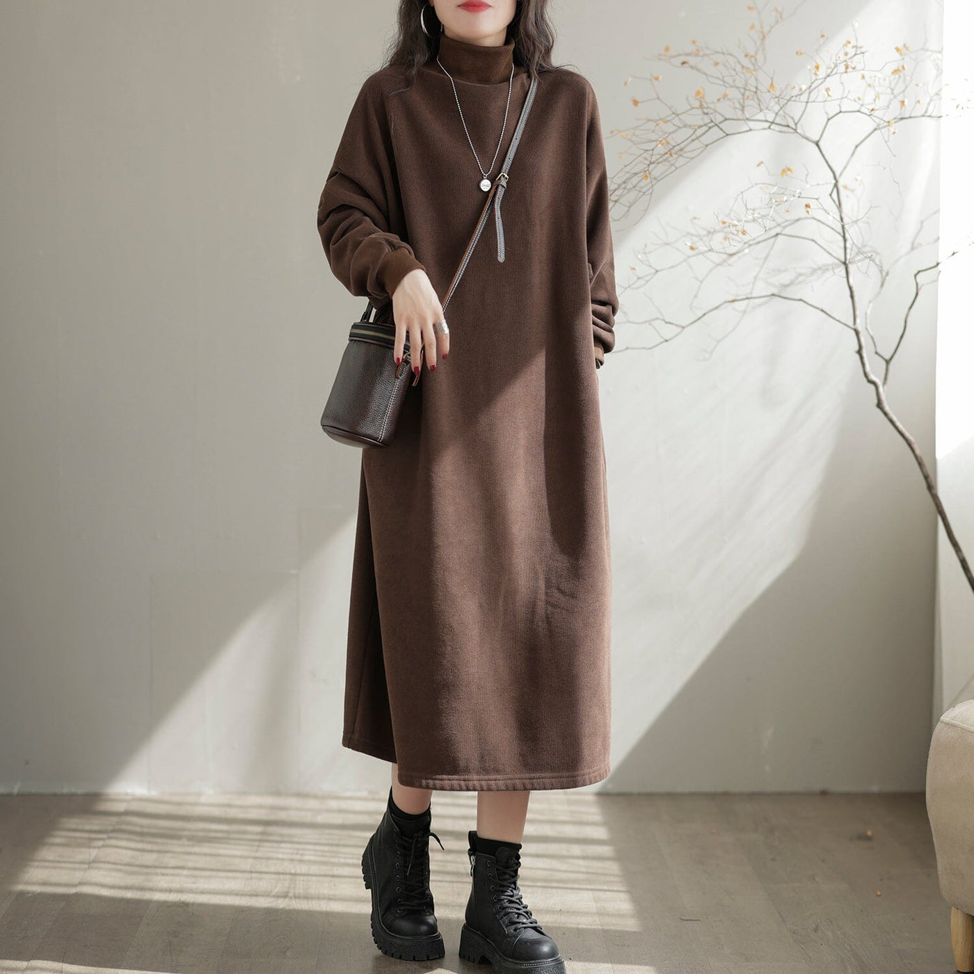Autumn Winter Furred Turtleneck Casual Dress Nov 2022 New Arrival One Size Coffee 