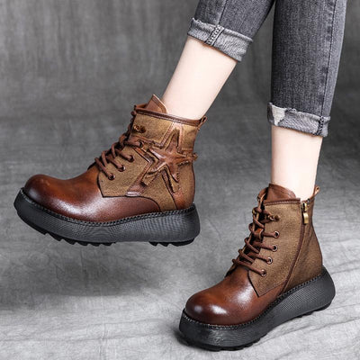 Autumn Winter Leather Lacing Retro Ankle Boots