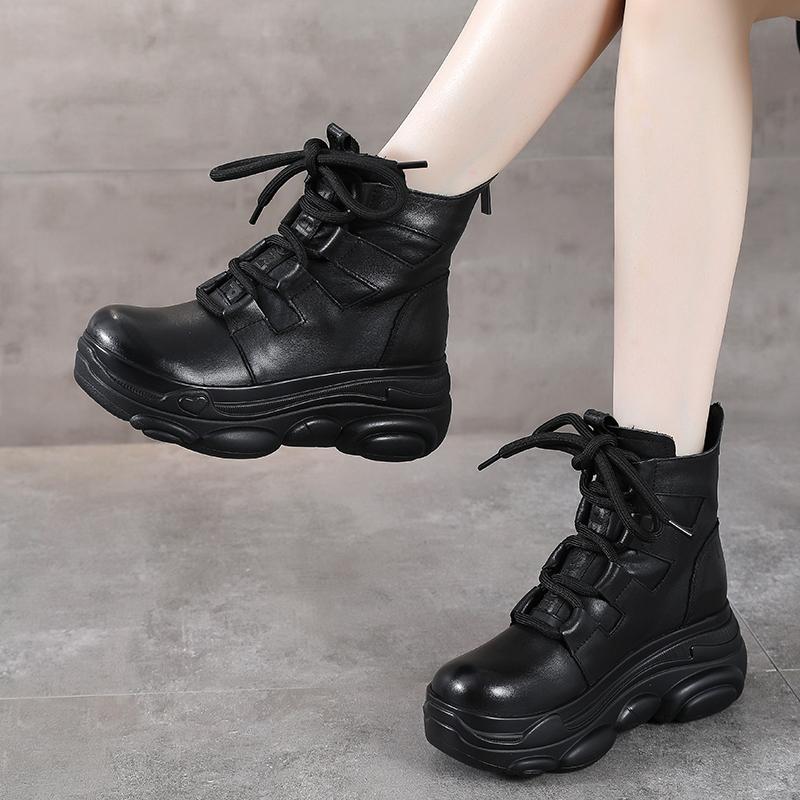Autumn Winter Leather Retro Casual Thick Sole Ankle Boots September 2021 new-arrival 35 Black 