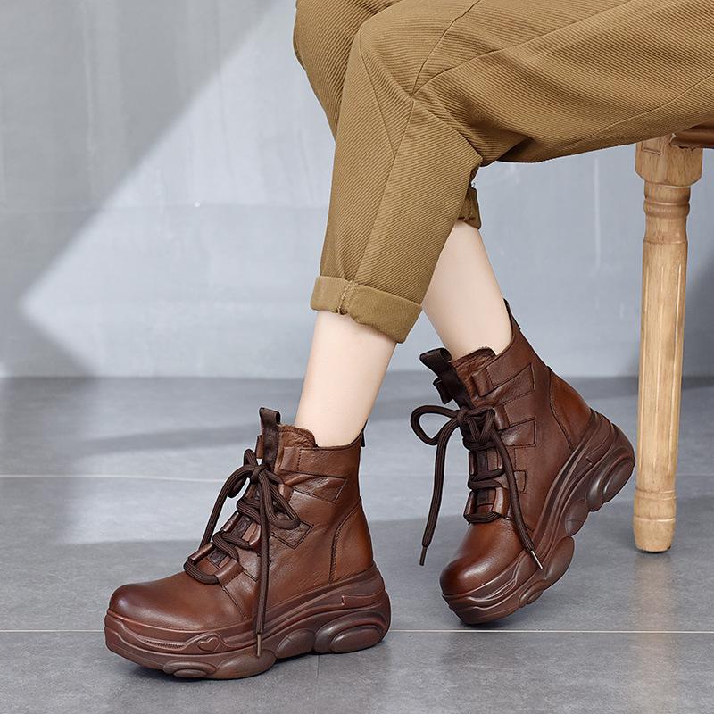 Autumn Winter Leather Retro Casual Thick Sole Ankle Boots September 2021 new-arrival 35 Brown 