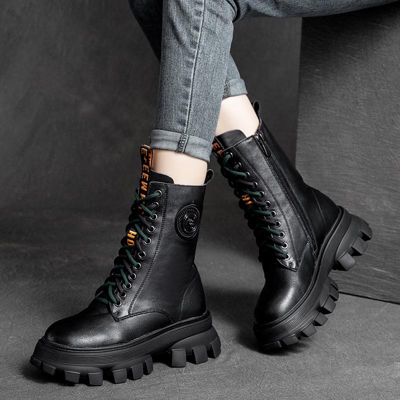Autumn Winter Leather Thick Sole High Boots September 2021 new-arrival 35 Black 