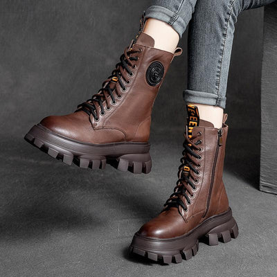 Autumn Winter Leather Thick Sole High Boots September 2021 new-arrival 35 Brown 