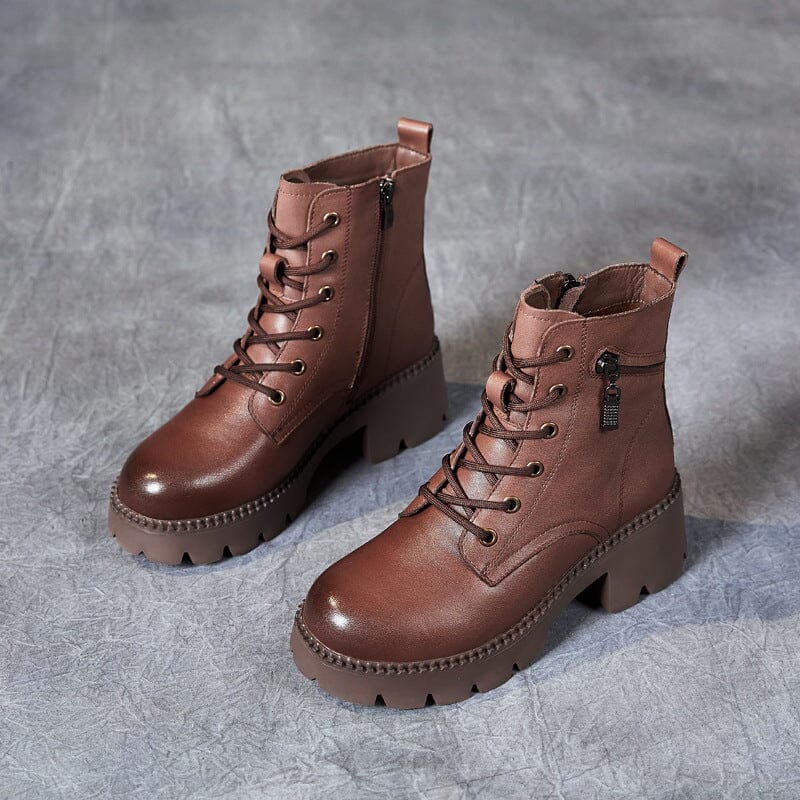 Autumn Winter Leather Zippers Casual Wedge Boots Nov 2022 New Arrival Brown 35 