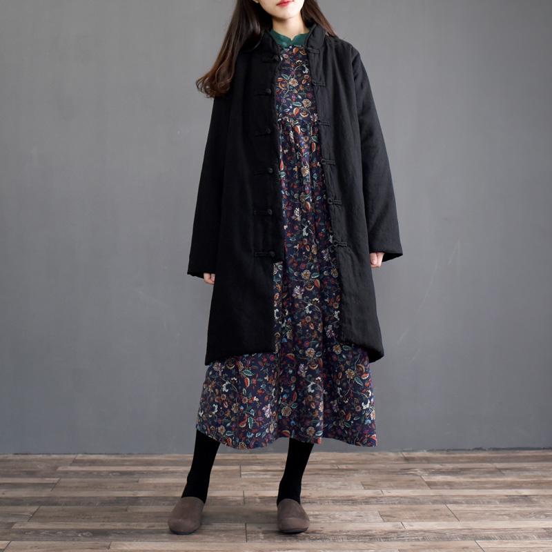 Autumn Winter Linen Cotton-padded Mid-length Thick Coat