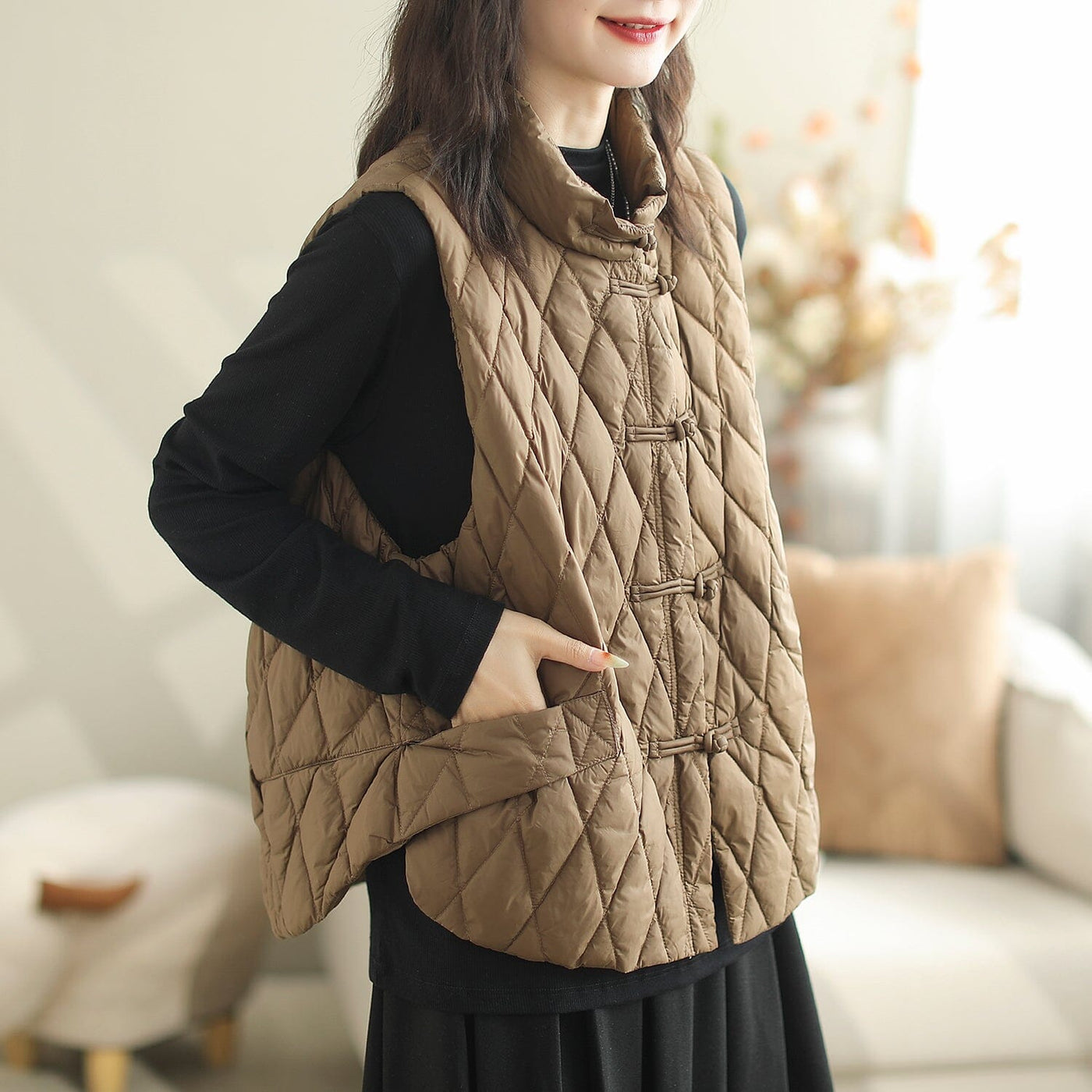 Autumn Winter Loose Casual Patchwork Down Waistcoat Oct 2023 New Arrival M Caramel 