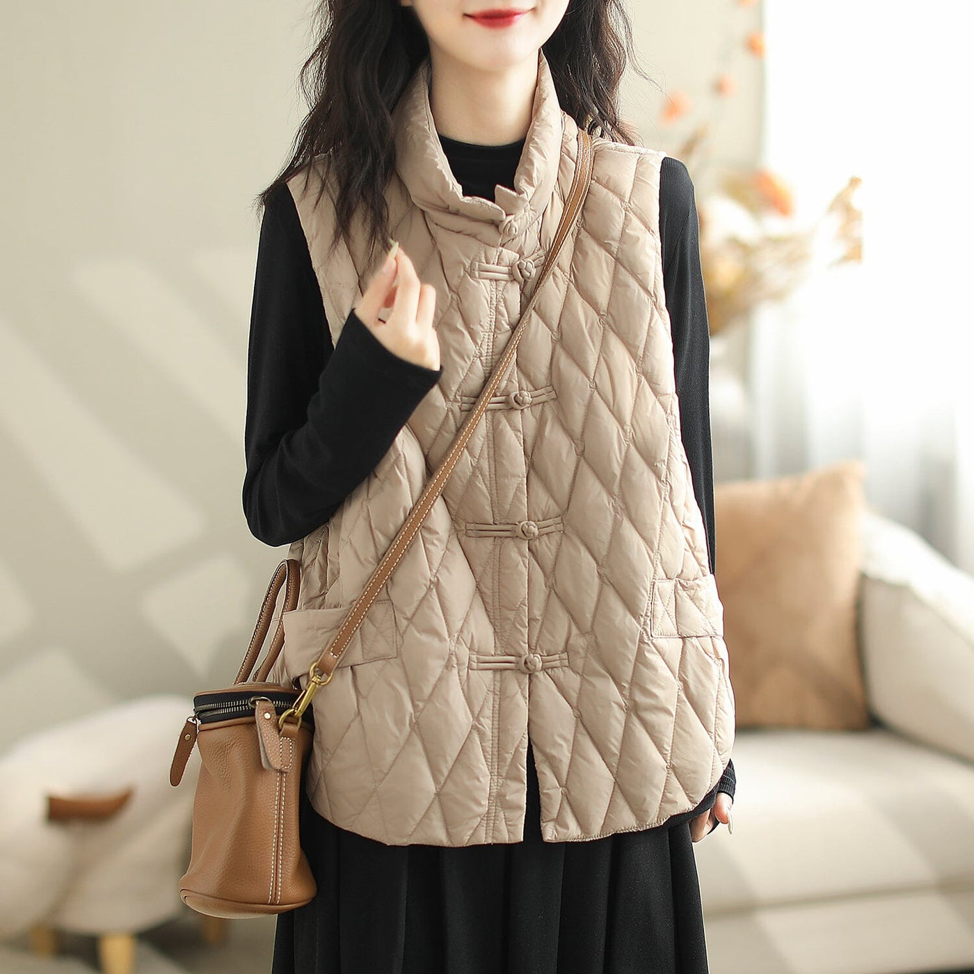 Autumn Winter Loose Casual Patchwork Down Waistcoat Oct 2023 New Arrival M Khaki 