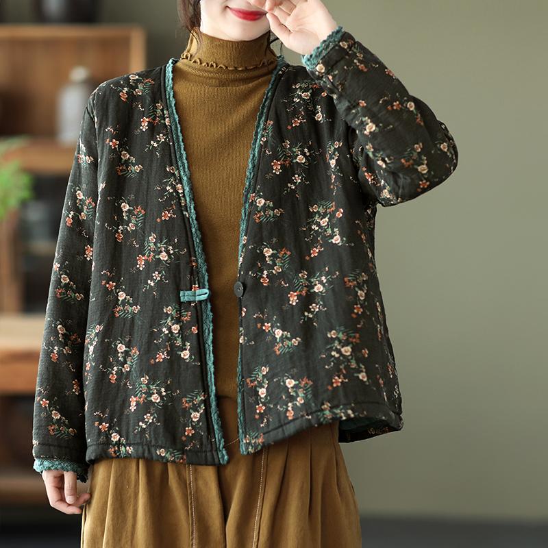 Autumn Winter Loose Floral Thick Cotton Coat September 2021 new-arrival Black 