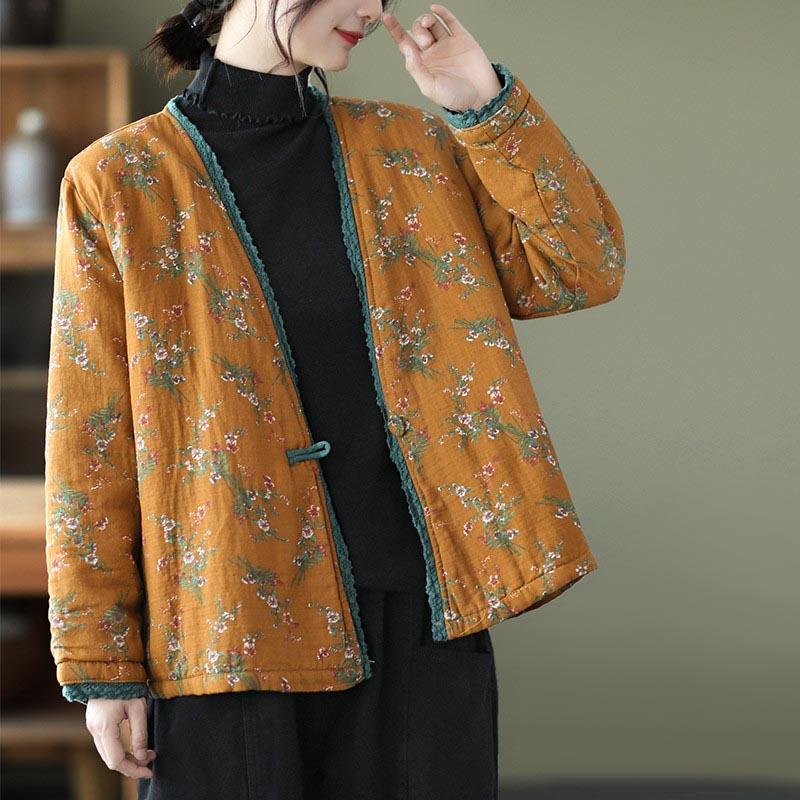 Autumn Winter Loose Floral Thick Cotton Coat September 2021 new-arrival Yellow 