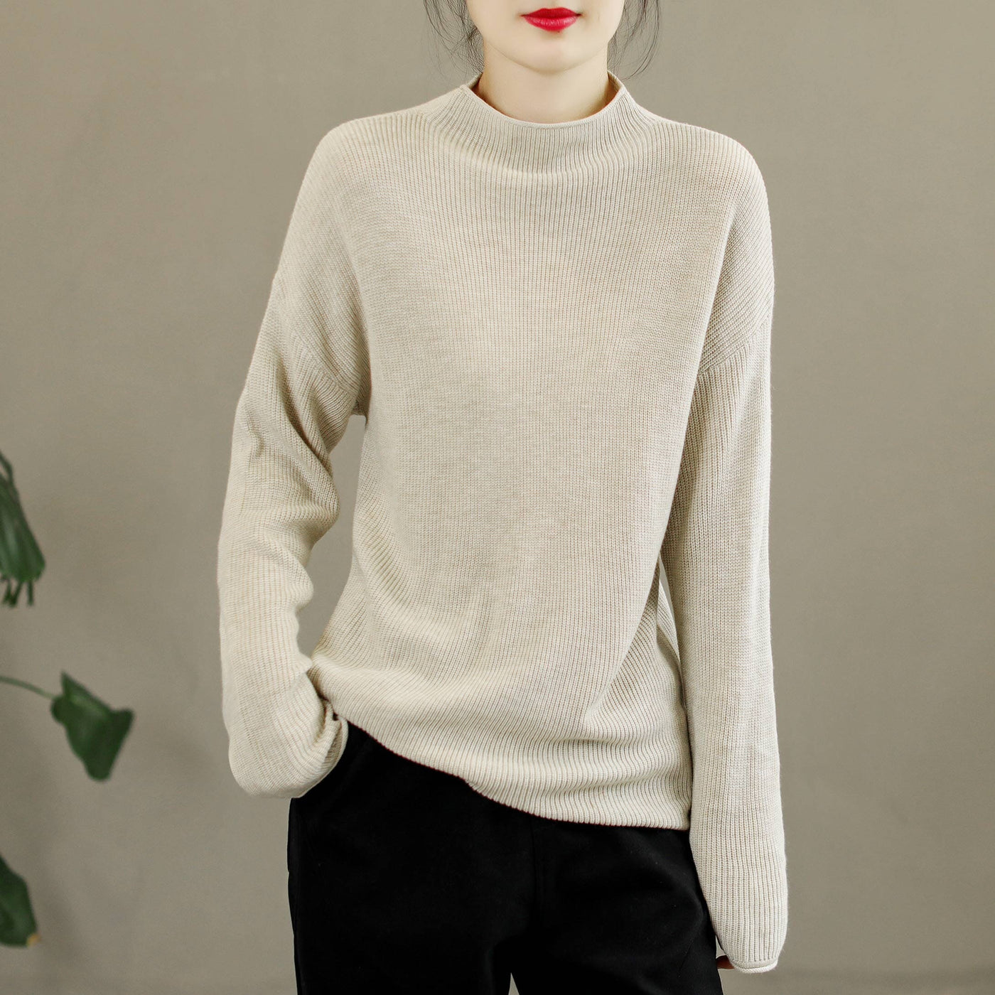 Autumn Winter Loose Solid Knitted Round Neck Sweater Nov 2022 New Arrival One Size Beige 