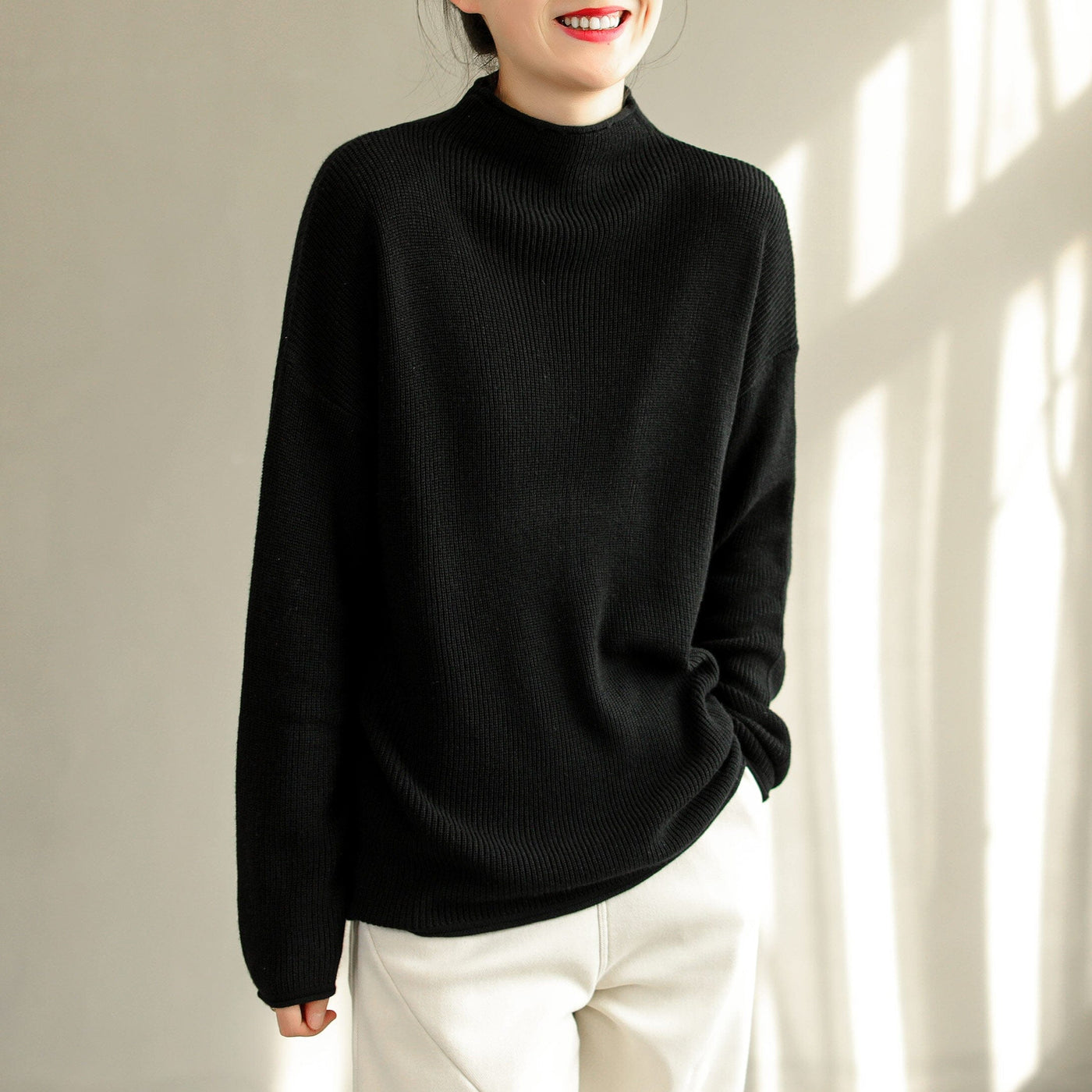 Autumn Winter Loose Solid Knitted Round Neck Sweater