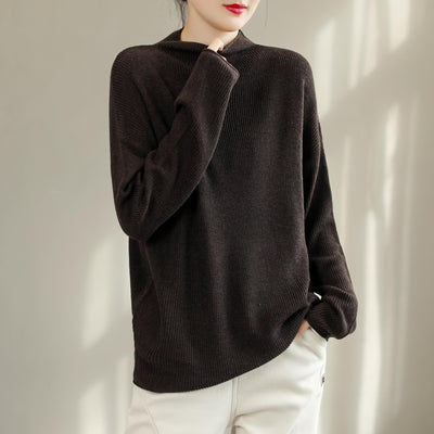 Autumn Winter Loose Solid Knitted Round Neck Sweater Nov 2022 New Arrival One Size Coffee 