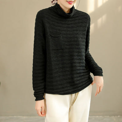Autumn Winter Loose Solid Stripe Cotton Knitted Sweater Nov 2022 New Arrival One Size Black 