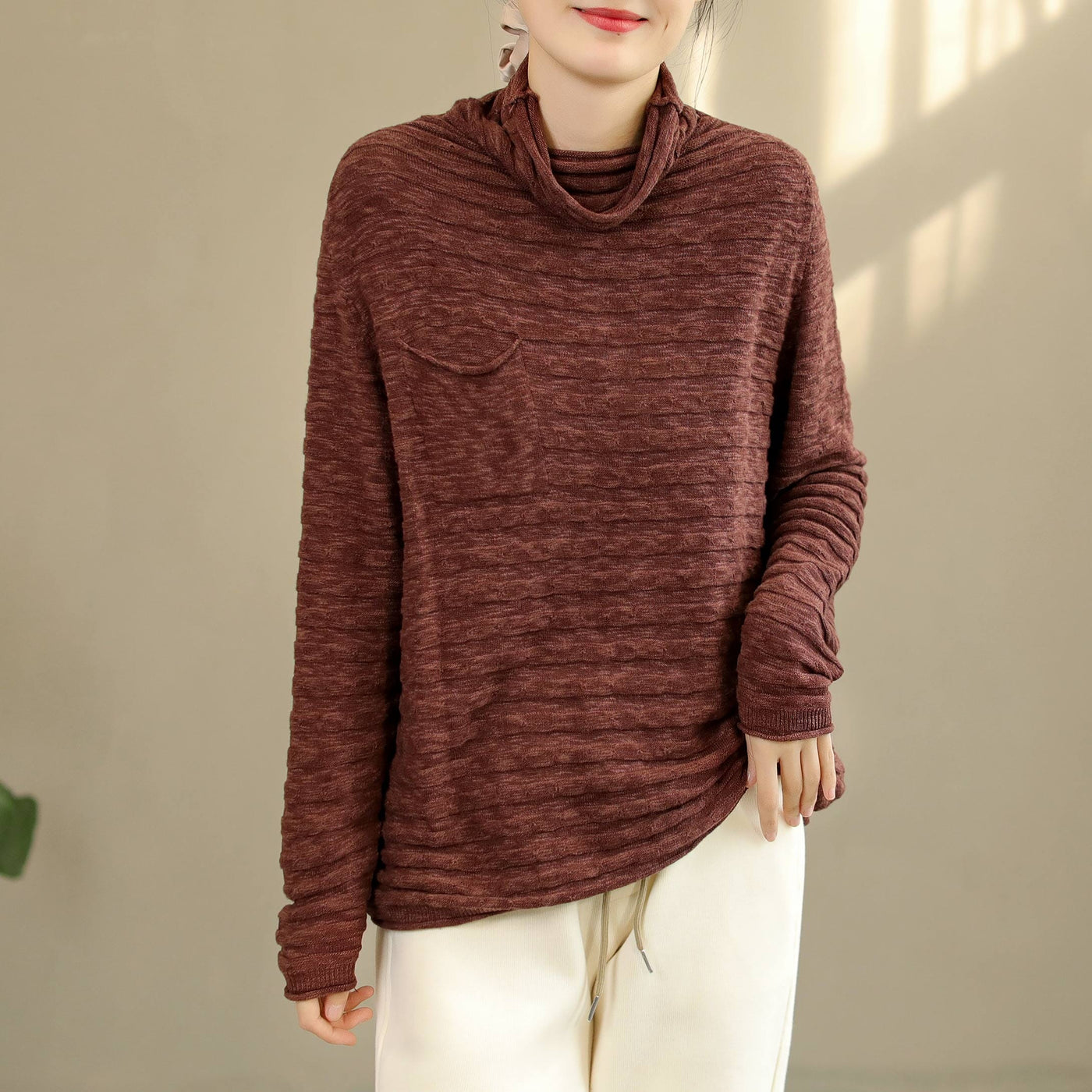 Autumn Winter Loose Solid Stripe Cotton Knitted Sweater Nov 2022 New Arrival One Size Brown 
