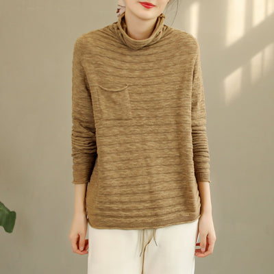 Autumn Winter Loose Solid Stripe Cotton Knitted Sweater Nov 2022 New Arrival One Size Khaki 