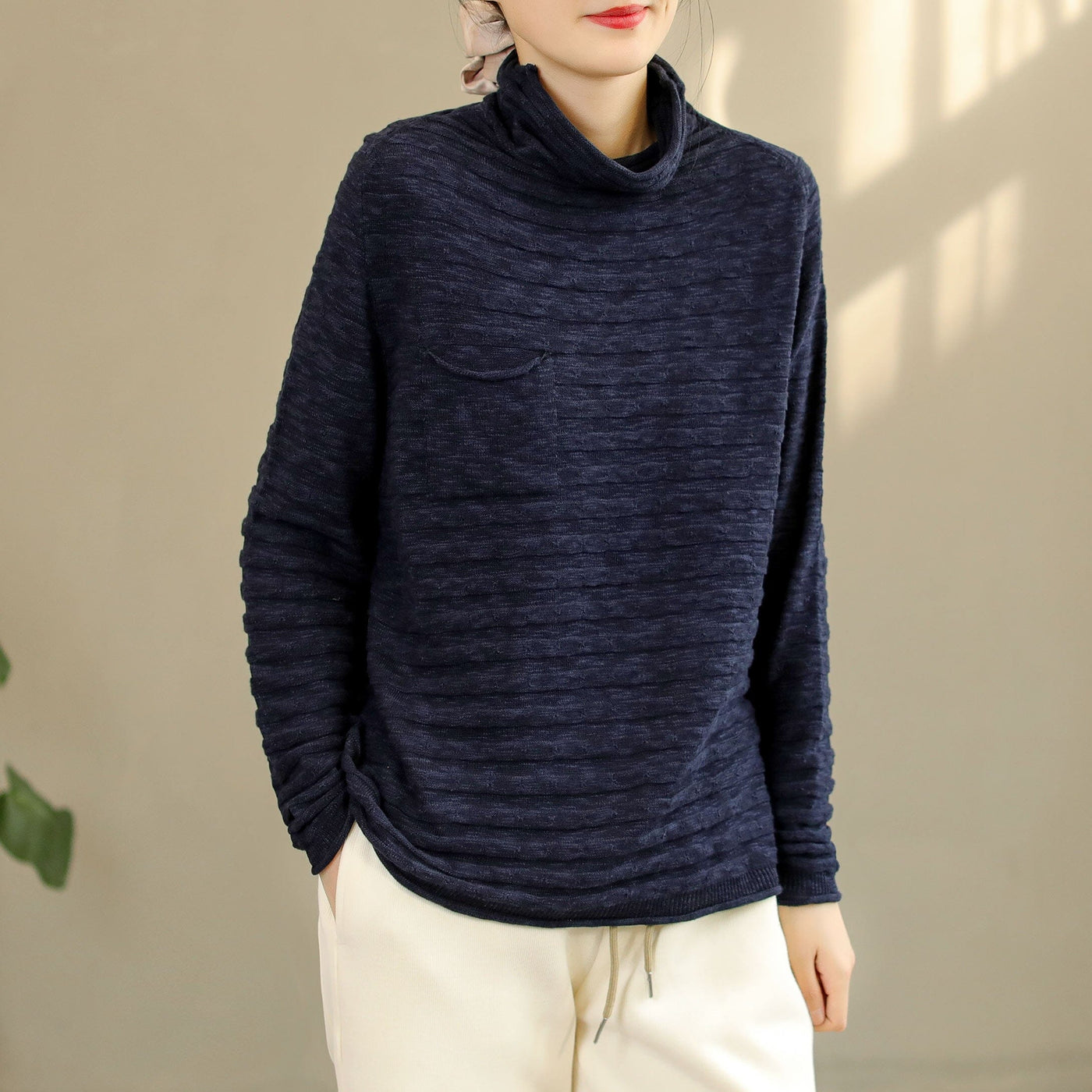 Autumn Winter Loose Solid Stripe Cotton Knitted Sweater Nov 2022 New Arrival One Size Navy 