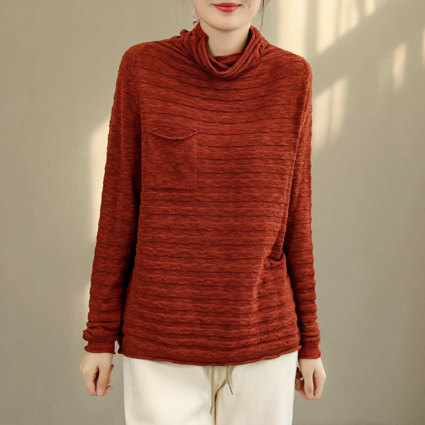 Autumn Winter Loose Solid Stripe Cotton Knitted Sweater