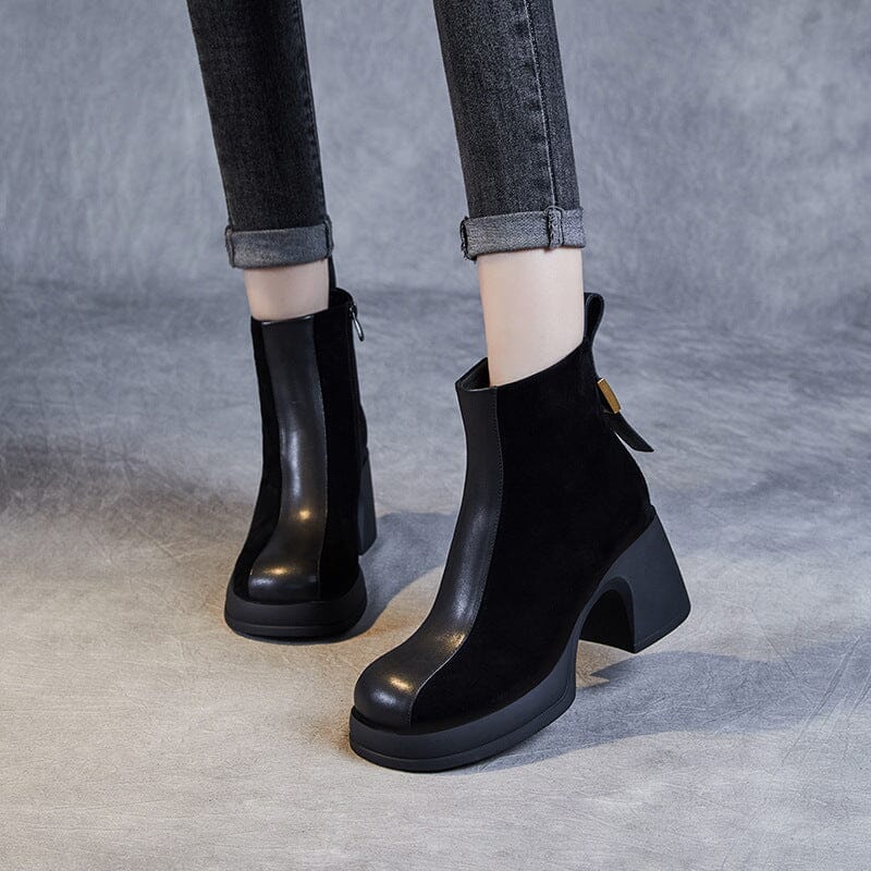 Autumn Winter Patchwork Leather Chunky Heel Boots