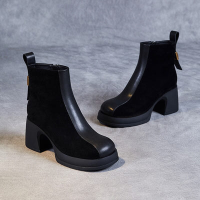 Autumn Winter Patchwork Leather Chunky Heel Boots