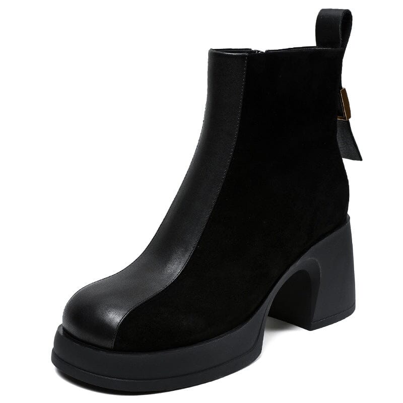 Autumn Winter Patchwork Leather Chunky Heel Boots Oct 2023 New Arrival Black 35 