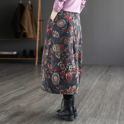Autumn Winter Quilted Retro Print Cotton Linen Skirt Nov 2022 New Arrival 
