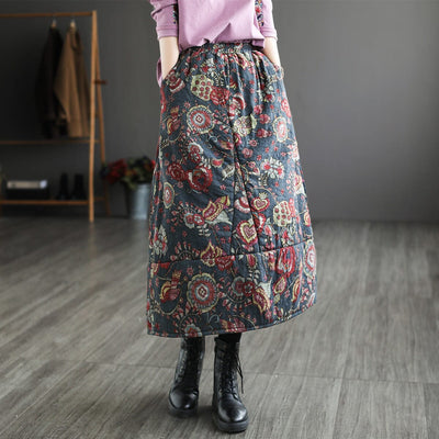 Autumn Winter Quilted Retro Print Cotton Linen Skirt Nov 2022 New Arrival Blue One Size 