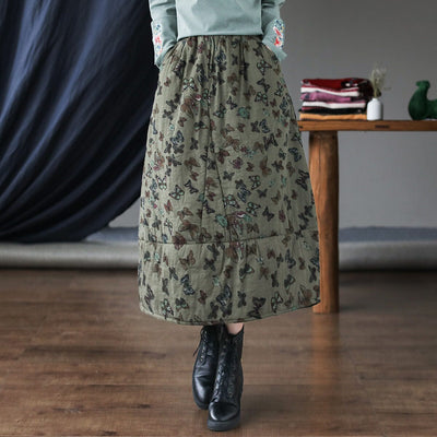 Autumn Winter Quilted Retro Print Cotton Linen Skirt Nov 2022 New Arrival Green One Size 