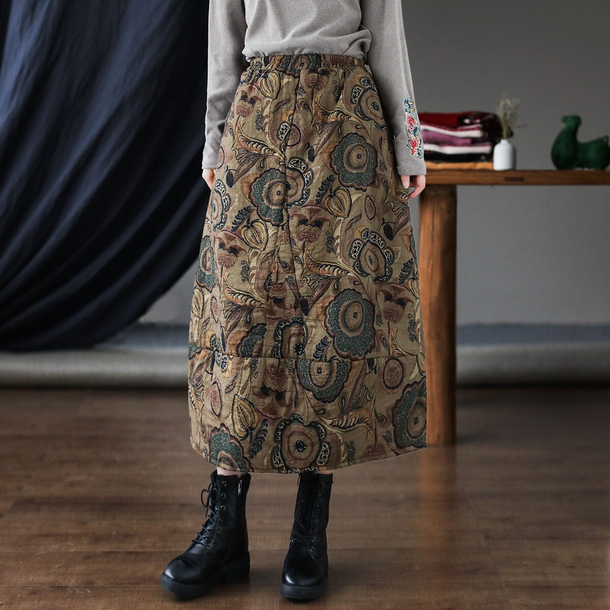 Autumn Winter Quilted Retro Print Cotton Linen Skirt Nov 2022 New Arrival Yellow One Size 