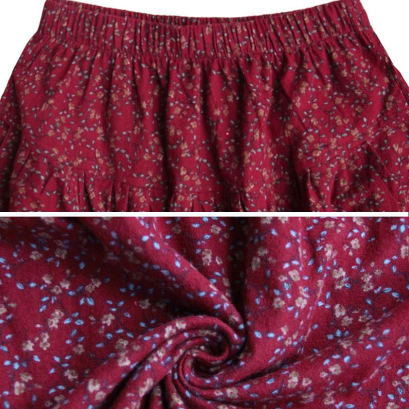 Autumn Winter Retro Cotton Linen Floral A-Line Skirt