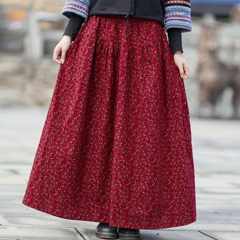 Autumn Winter Retro Cotton Linen Floral A-Linen Skirt Dec 2021 New Arrival One Size Red 